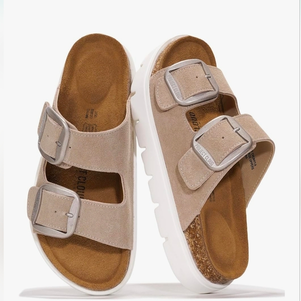 Beige Suede Double-Buckle Women's Sandals